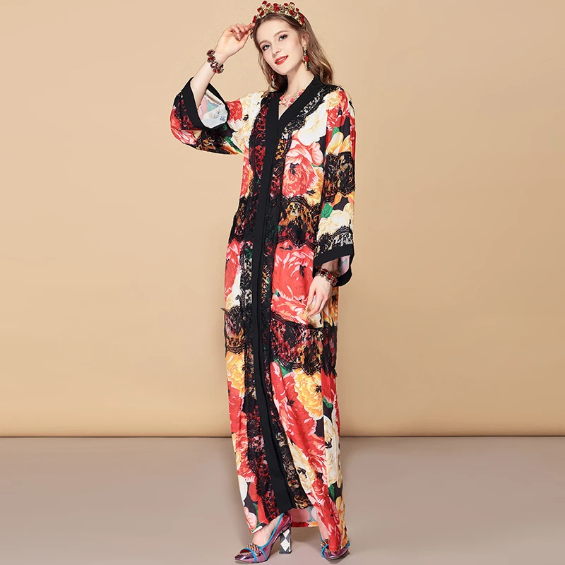 Женские свободные макси-платья LD LINDA DELLA, длинное платье большого размера в стиле пэчворк, с длинным рукавом, высоким разрезом, кружевом, цветочным принтом, весна-лето