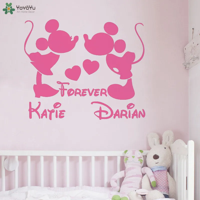 

YOYOYU Wall Decal Mickey & Minnie Mouse Kissing Forever Custom Your Name Vinyl Wall Sticker Bedroom Living Room Art Decal QQ444