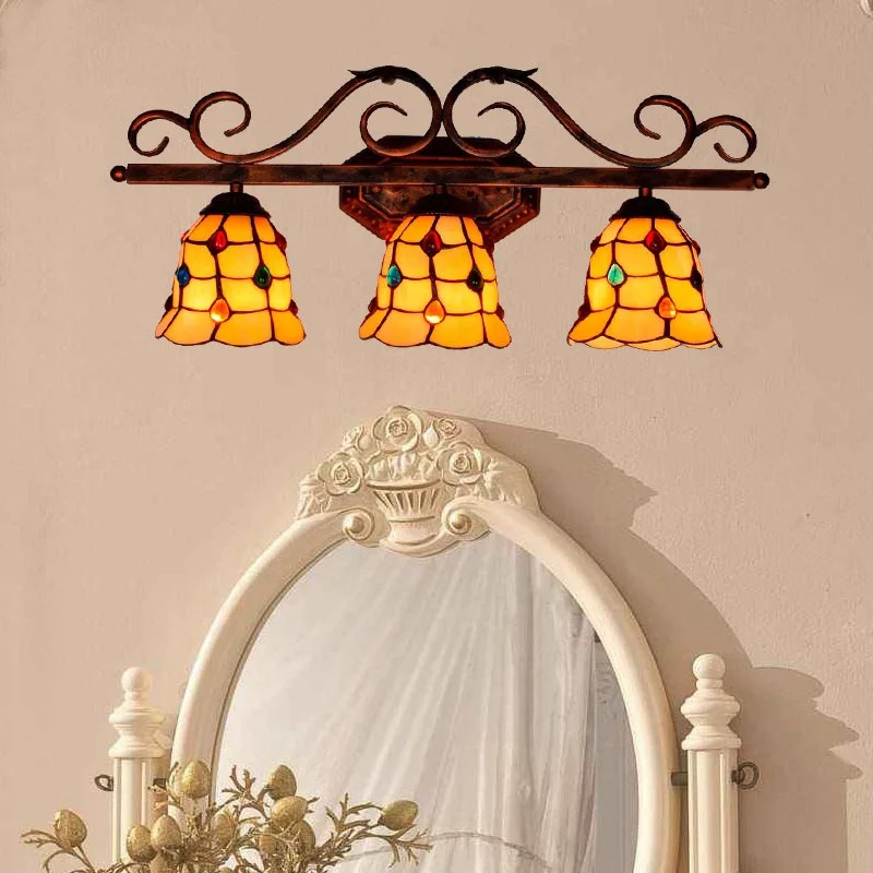 

hotel restaurant bar Tiffany art glass decorative wall lamp European Colored beads Glass lampshade Three head Mirror front lamp