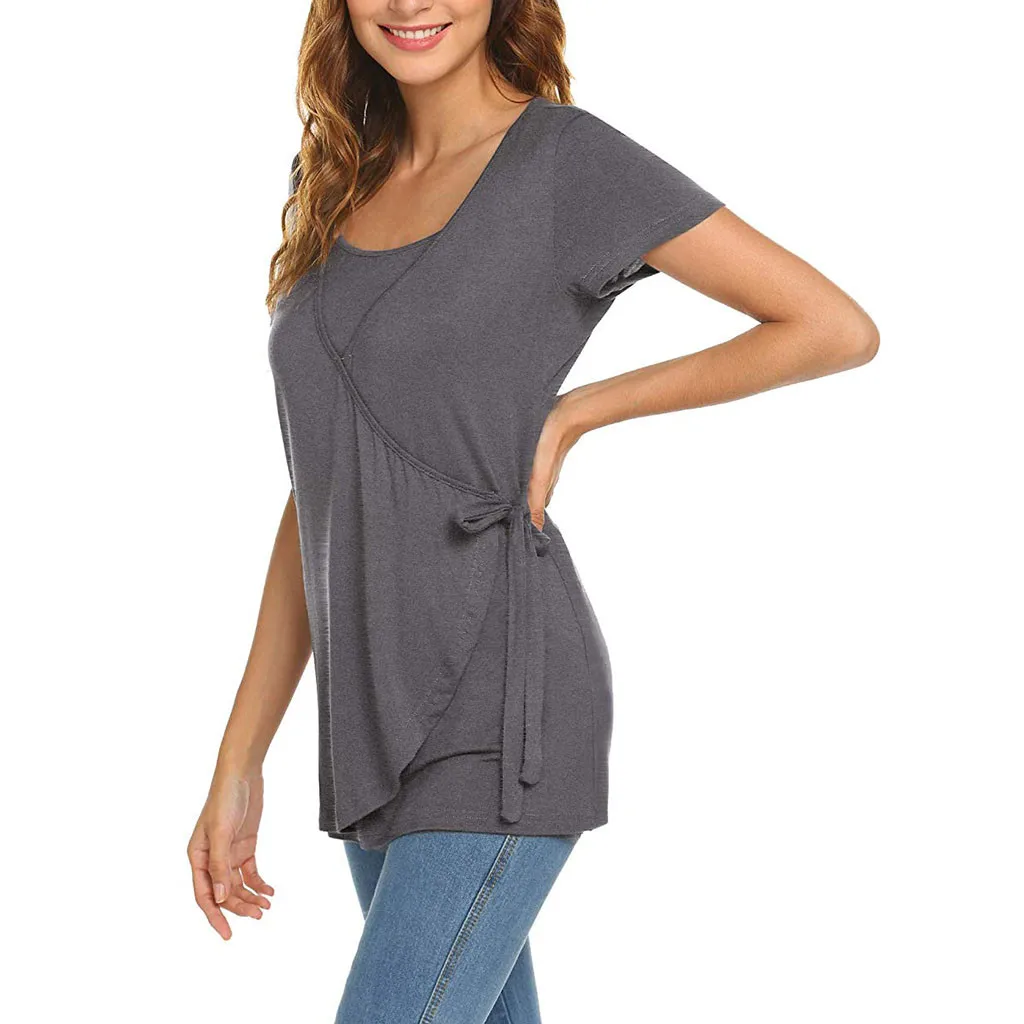 LONSANT Maternity Solid layered lacing Nursing Breastfeeding Blouse Women Pregnant Tops Maternity summer short sleeve T-Shirt