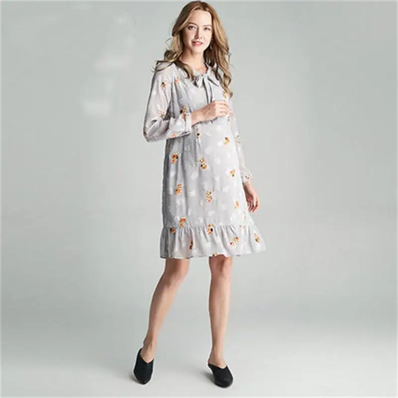 

Autumn maternity dress chiffon breastfeeding dress embroidery jacquard bow lotus leaf swing pregnant women dress