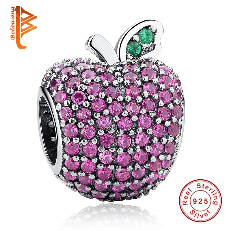 

BELAWANG 925 Sterling Silver Pave Apple Fancy Rose Red CZ & Green Crystal Charm Fit BW Bracelet Bangle DIY Jewelry Making