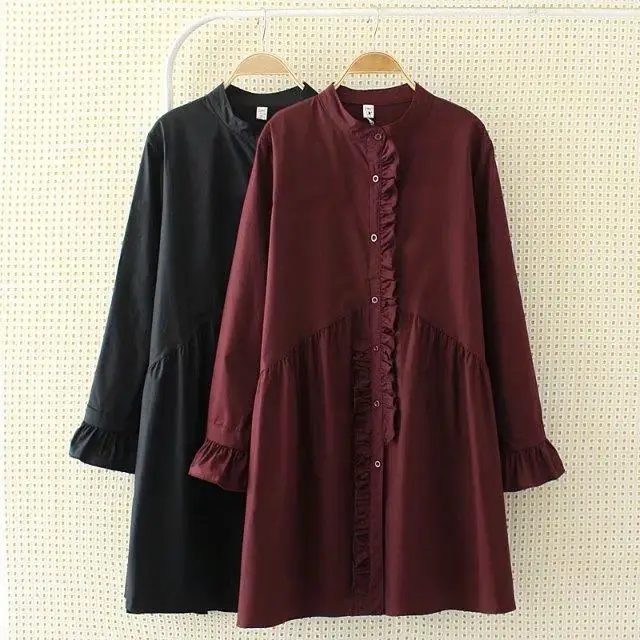 Plus Size 2XL-5XL Loose Women Clothing Long Shirt Long Sleeve Ruffles Shirt Blouse Black Red Button  Feminina Big Size  JZ226 (2)