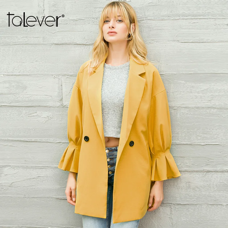Women Flare Sleeve Thick Long Trench Coat Lady Casual Yellow