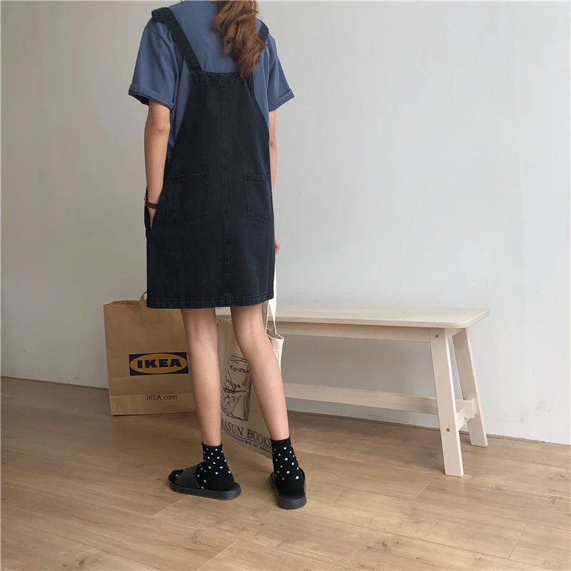 PLAMTEE Vintage Women Straps Denim Dress with Pocket Solid Loose Waist Lady Summer Jeans Dress Mini Jeans Vestidos Preppy Style