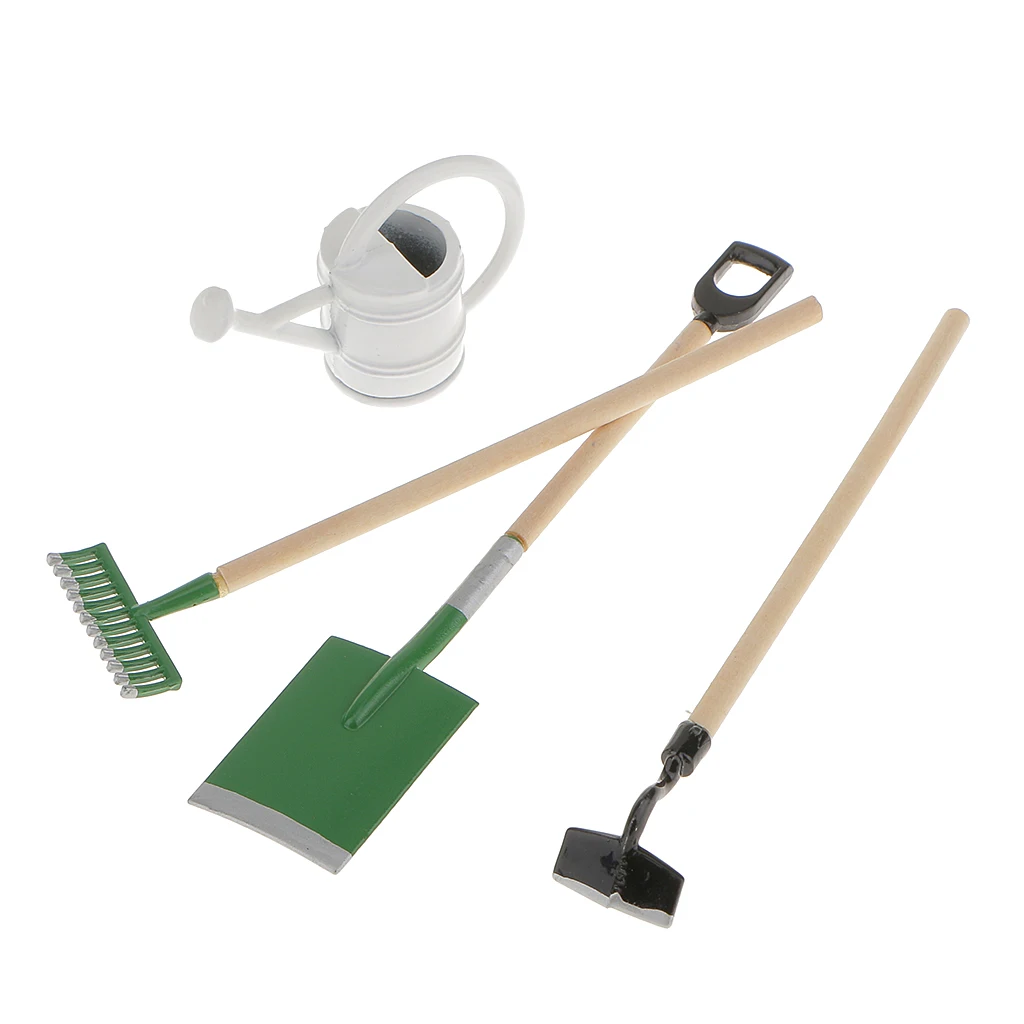 Set of 4 Pieces Miniature Garden Tools Watering Pot Shovel Hoe Rake Dollhouse Accessory