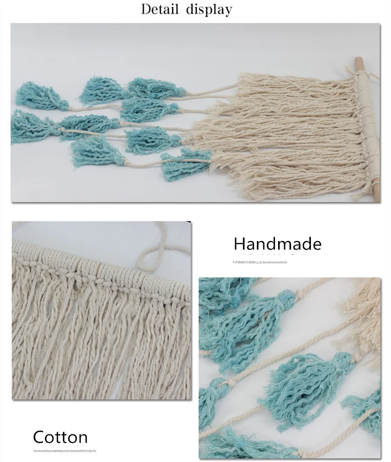 Newly Design Beige Cotton Wall Tapestry With Blue Tassels Home Decor Knit Hanging Tapestry 1pcs Wedding Party Bedroom Tapestry