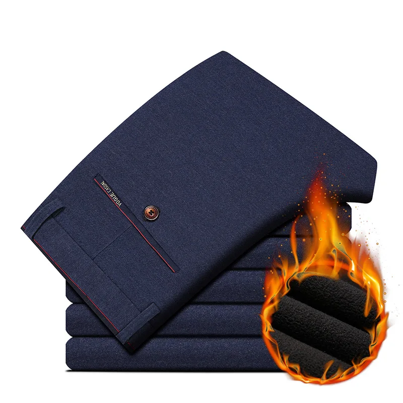 Брюки для делового костюма для мужчин флис повседневные длинные прямые стрейч молния длинные хаки Slim Fit мужские зимние теплые толстые брюки - Цвет: Navy Blue Pants