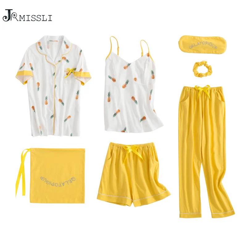 

JRMISSLI Pajamas for Women Lace Yellow Cotton Pinapple Lingerie 7 Piece sets Pajama Sets 2019 Summer Pijama Mujer Pyjama