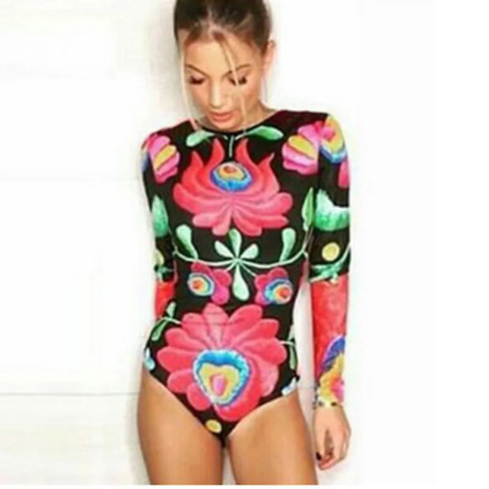 

Women's Sexy Long Sleeve Floral One Piece Swimsuit Swimwear Women Monokini Bikini Beachwear Leotard Thong Bodysuit Swim Wear