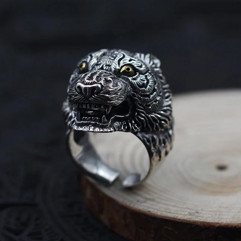 

Vintage Men Wild Tiger 925 Sterling Silver Adjustable Ring