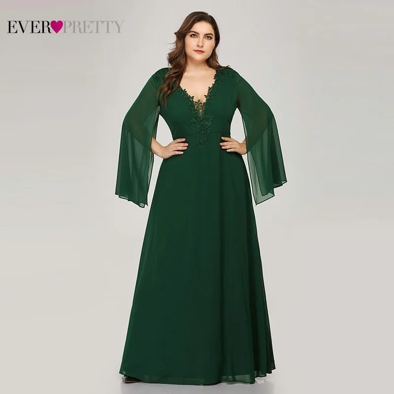 Элегантные платья размера плюс для матери невесты на свадьбу, красивые кружевные трапециевидные вечерние платья с v-образным вырезом и длинным рукавом - Цвет: Dark Green