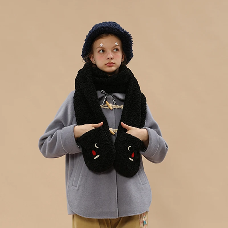 

Korean Girls Winter Thick Warm Black Lamb Scarf Female Plush Couple Preppy Style Collar Long Scarves Cartoon Embroidery Wraps