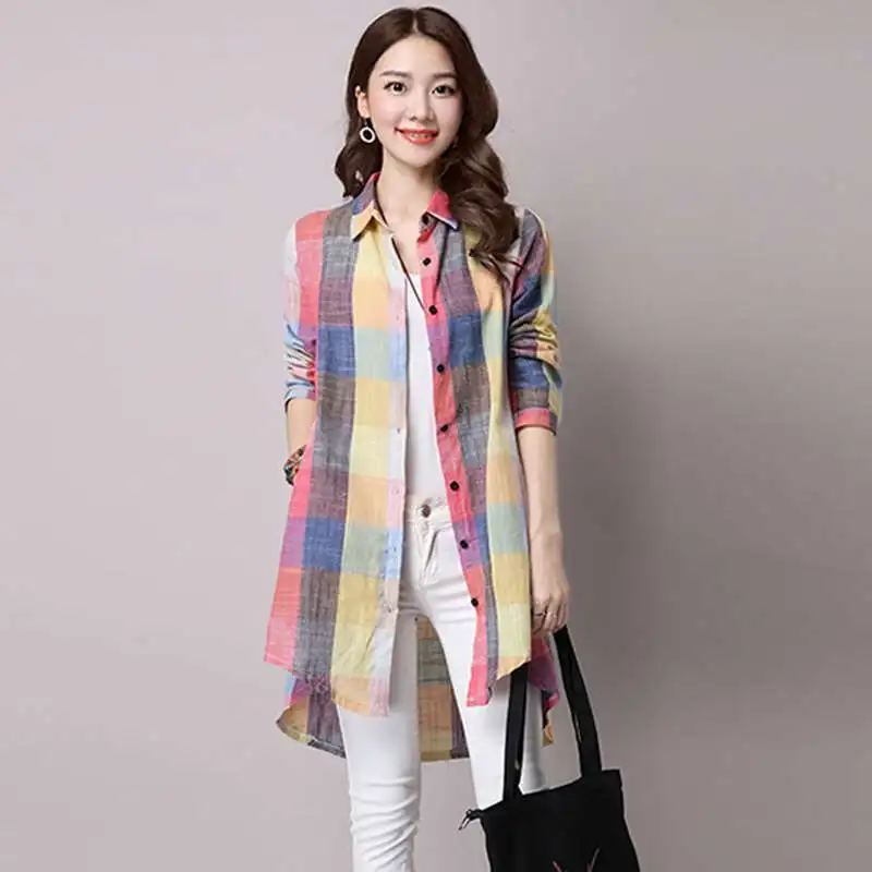 

#2910 Spring Vintage Plaid Stripe Linen Shirt Women Long Sleeve Loose Asymmetric Linen Tunic Shirt Ladies Vintage Long Blouse