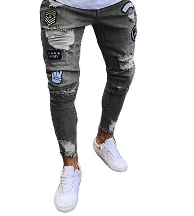 Мужские узкие джинсы Rip Slim fit Stretch Denim Distress потертые байкерские джинсы брюки US - Цвет: Серый