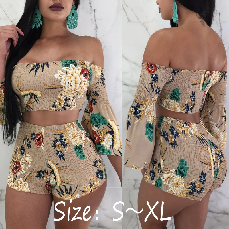 Summer suit for women Sexy 2 Piece Set Women Summer Off Floral Print