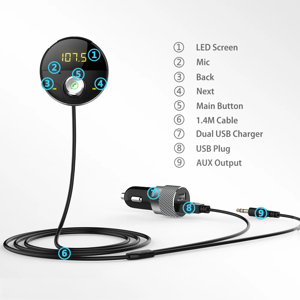 TECEVO Bluetooth 5.0 Car Kit - Hands-Free Calling & Music Receiver, NFC Pairing, Includes Noise Isolator