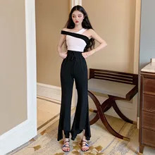 2 Piece Set Club Outfits Summer Clothes for Women Sexy Open Clavicle Slash Neck T-shirt Contrast Color Top + Flared Pants 2 Piece Set Club Outfits Summer Clothes for Women Sexy Open Clavicle Slash Neck T-shirt Contrast Color Top + Flared Pants