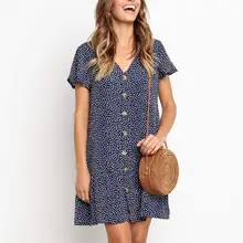 Women Fashion Retro Printed Dress Women short Sleeved V-Collar Front Button Ruffle Hem Sundress Collar Casual Slim Floral Dresse