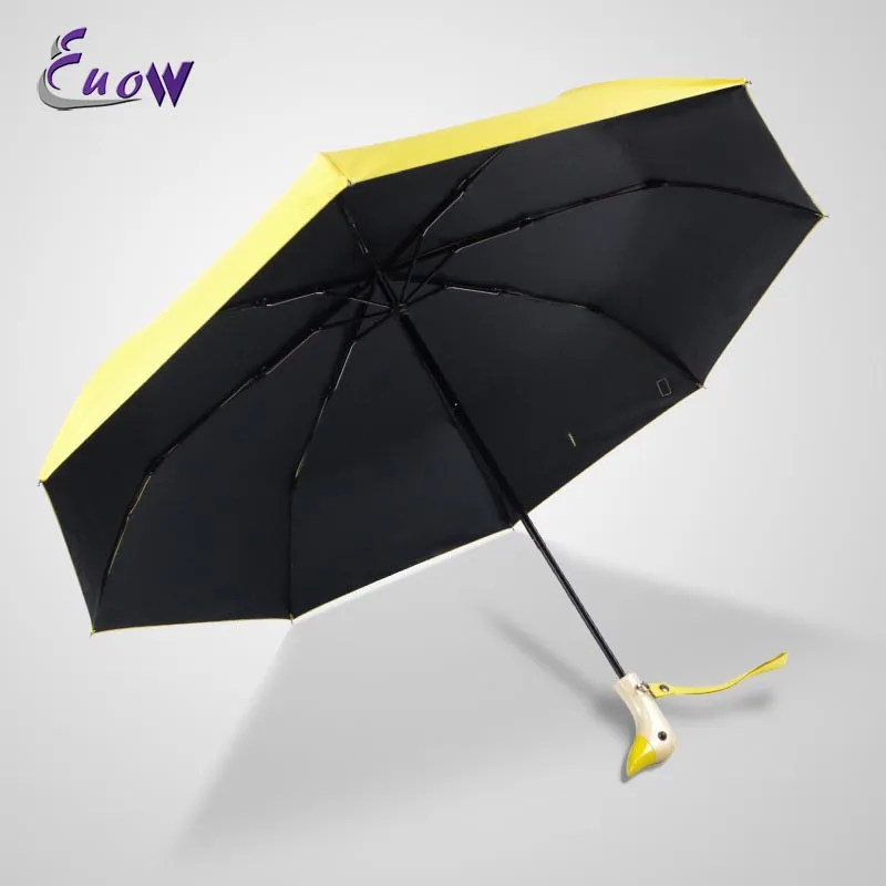 

New Creative Duck Handle Three Folding Umbrella Foldable Women Sunscreen Black Coating Umbrellas For Rain