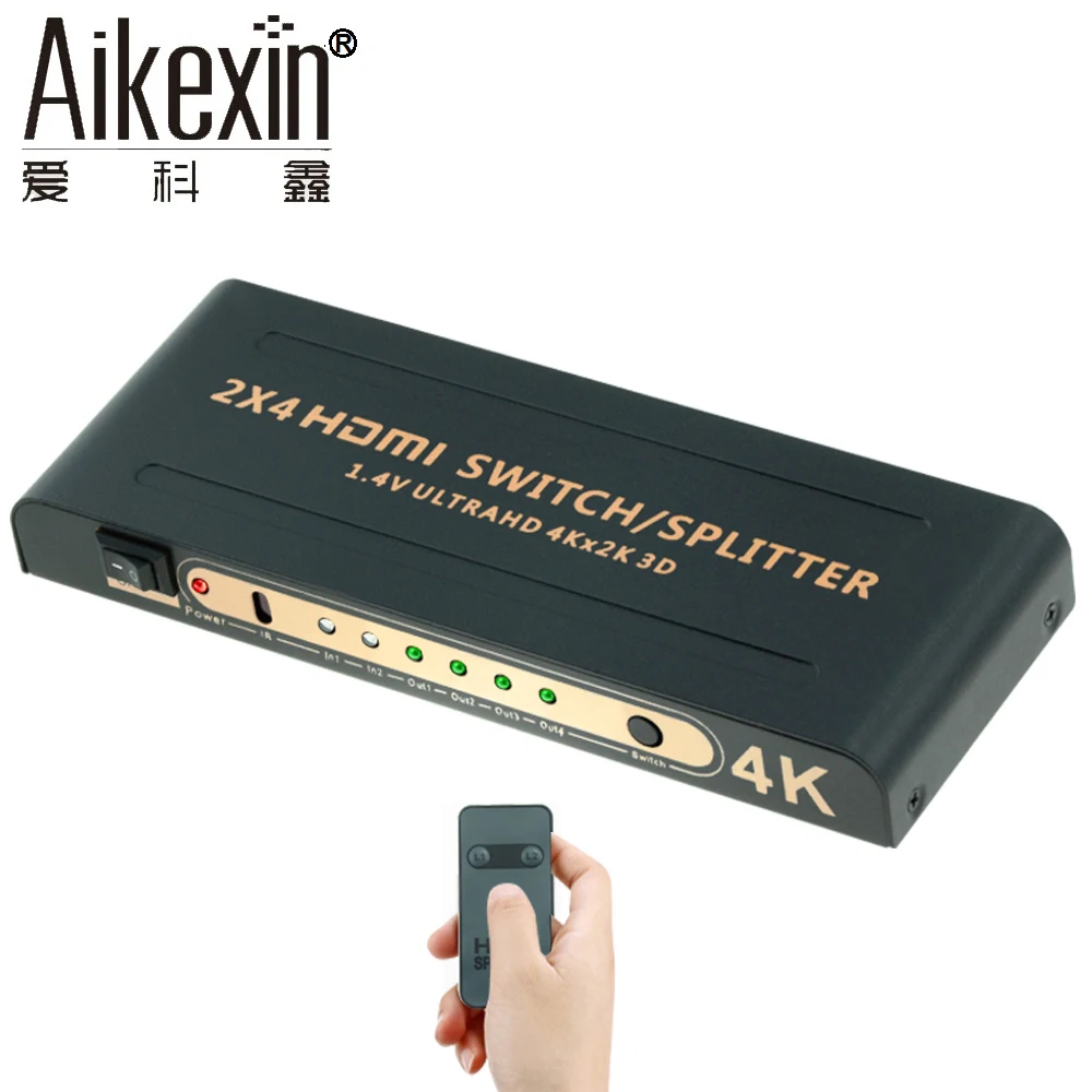 

Aikexin 4Kx2K HDMI Switch Splitter 2x4 with IR HDMI Splitter 2 input 4 output Switch Support HDMI1.4 Ultra HD 4K,1080P,3D