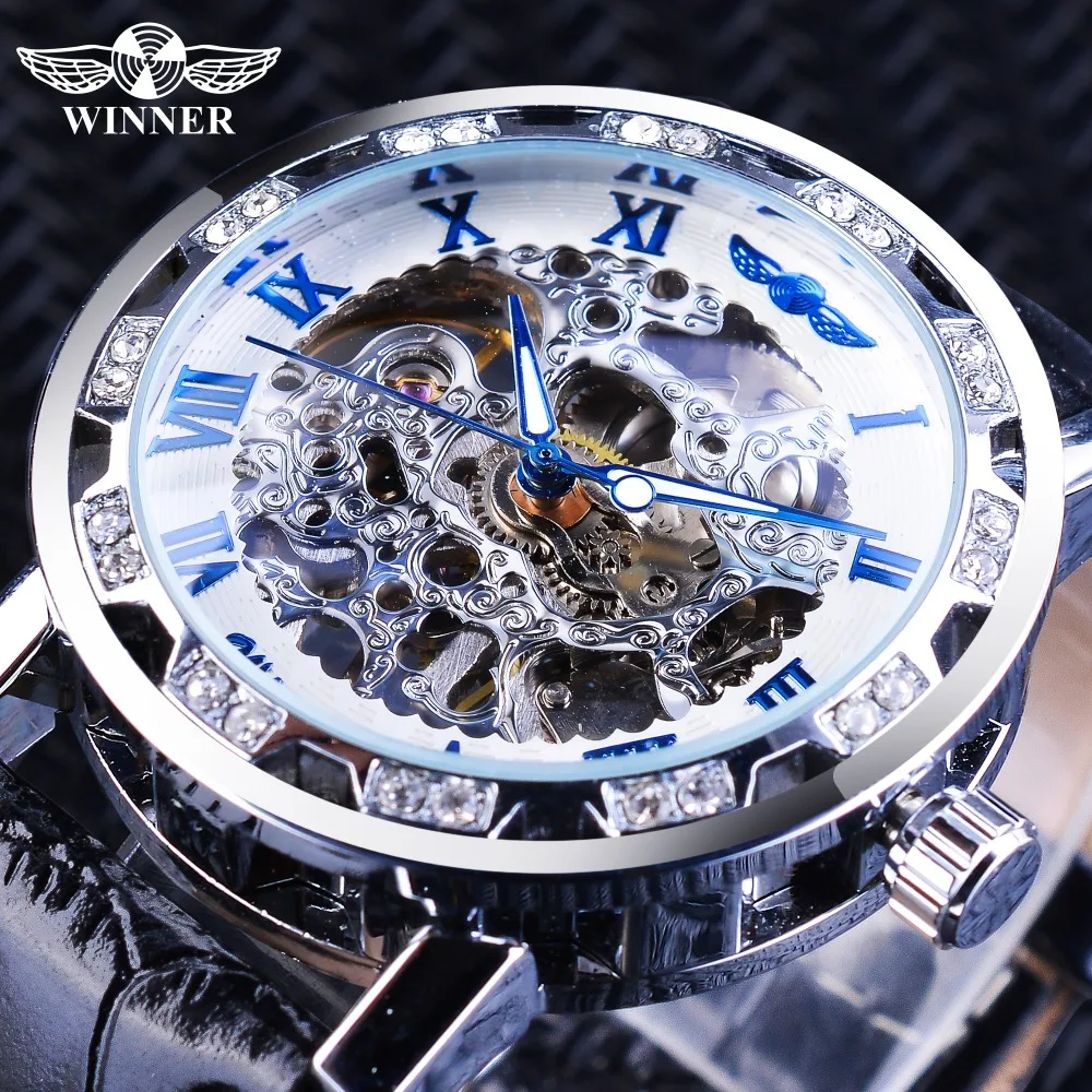 

Winner Blue Roman Hands Diamond Display Transparent Classic Retro Design Luminous Hands Mens Mechanical Watches Top Brand Luxury