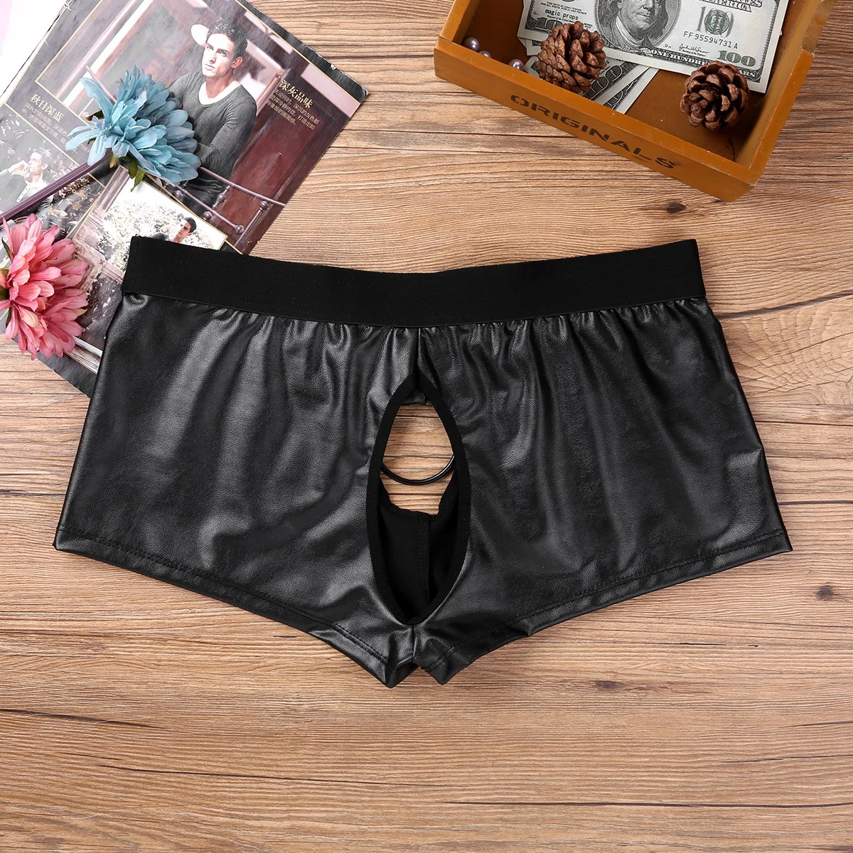 Mens Lingerie Latex Panties Leather Underwear Exotic Sex Underwear Hot Sexy Cut Out Boxer Shorts with Ball Lifter Penis Hole mens cotton thong