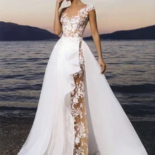 Лори Новое свадебное платье принцессы цвета шампанского, фатиновая юбка, аппликация, кружево, съемный шлейф, свадебное платье, бохо, платье невесты