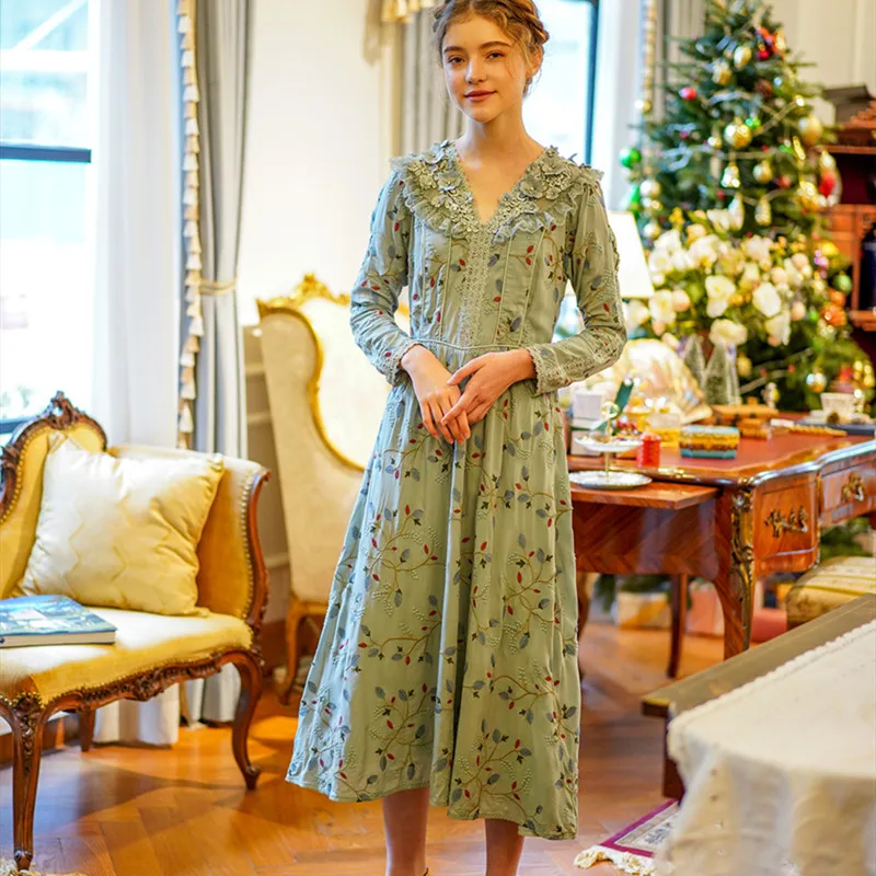 

Women Spring Summer Vintage Elegant Grey Blue 100%Cotton Long Dress Ladies Sweet Mori Girls Luxury Flower Embroidery Lace Dress