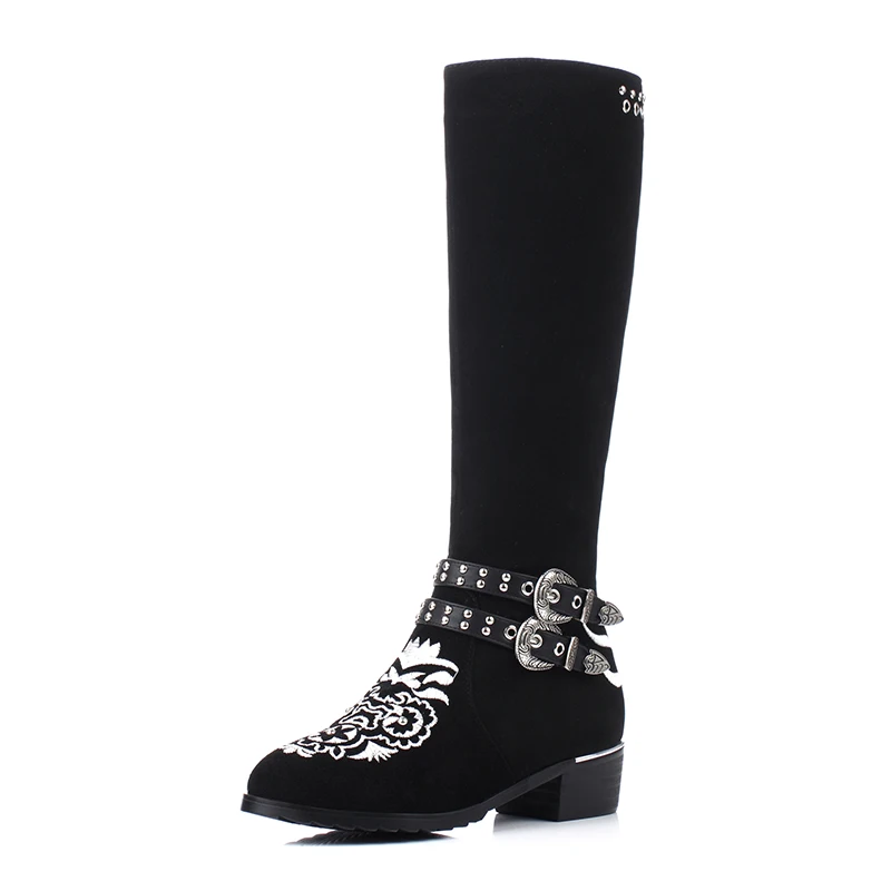 

Embroider Chinese Traditional Style Women Buckle Knee High Boots Thick Heels Spring Autumn Long Boots Winter Plus Size 41 42 43