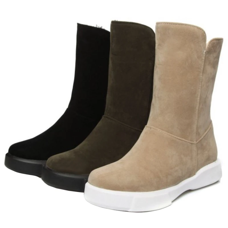 SJJH/женские зимние ботинки из флока с круглым носком, на плоской подошве, без шнуровки, плюшевые ботинки до середины икры зимняя модная повседневная обувь большой размер, A1080
