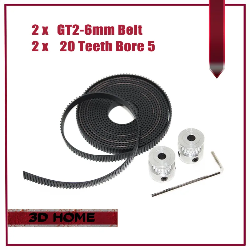  Free Shipping 2Pcs 20Tooth-GT2-6 GT2 Pulley + 2m GT2-6mm Open GT2 Belt KIT for 3D printer (4xM3 setcrews and 1xAllen Key) 
