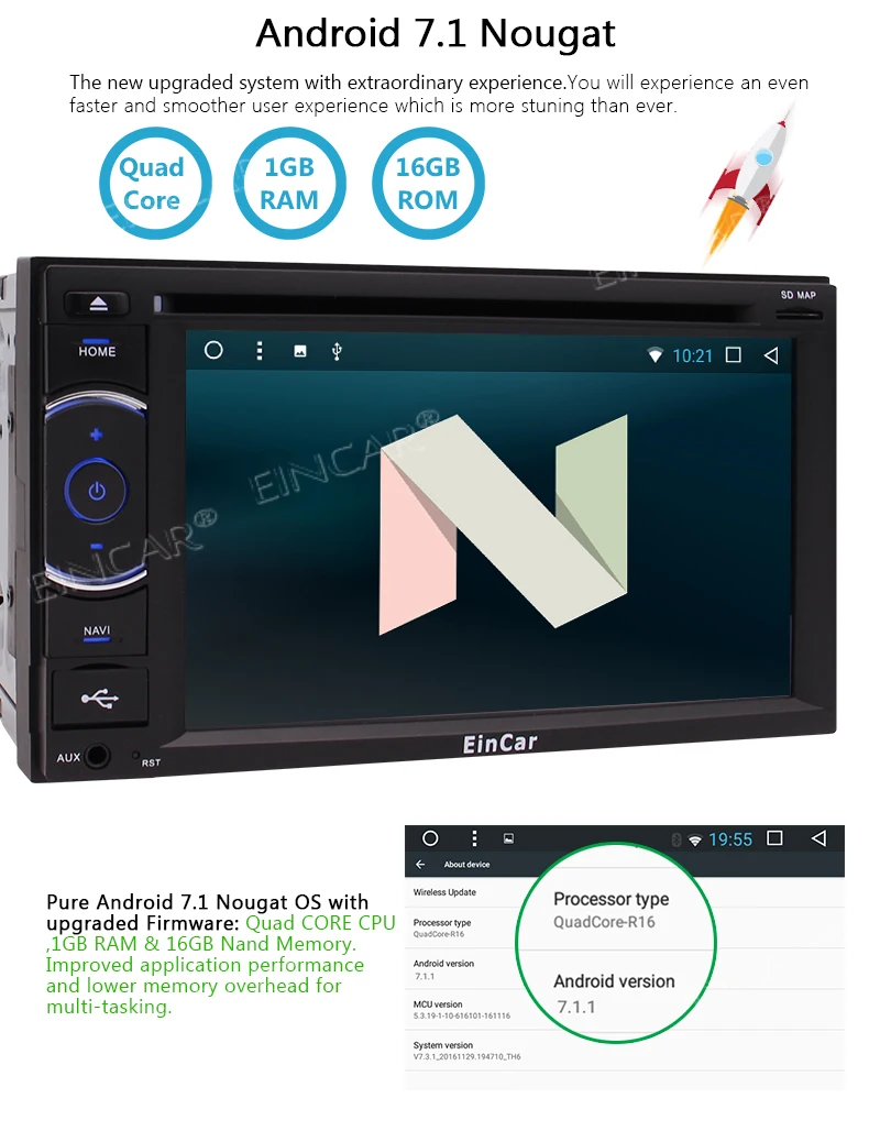 

Android 7.1 Double Din in Dash Radio Receiver Car Video Audio Bluetooth Autoradio with Wifi Nougat System Mirror Link + External