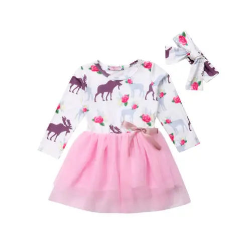 

XMAS Toddler Kids Baby Girl Party Deer Long Sleeve Tutu Tulle Dress Clothes Sunsuit new