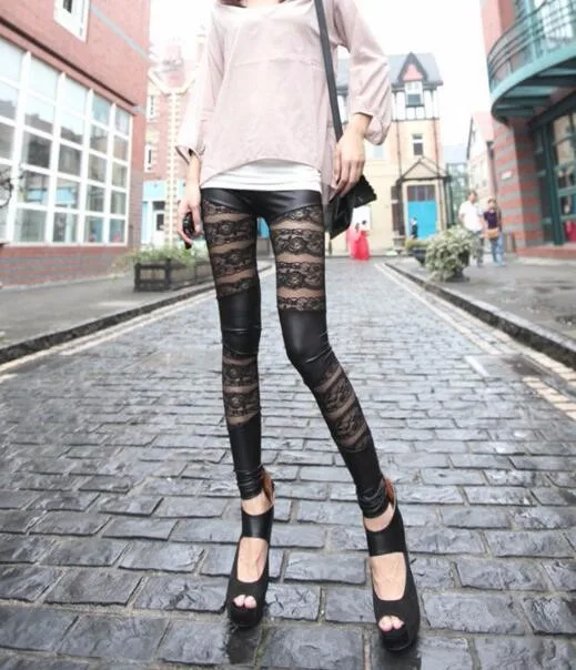 ribbed leggings Fashion Rock Gothic Black Lace Rose Floral Pattern Hollow Stitching Leggings Rock Punk Stylish Slim PU Leather Pants For Women aerie crossover leggings