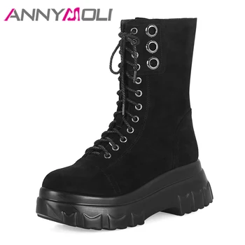 

ANNYMOLI Women Boots Winter Motorcycle Boots Zip Flat Platform Heel Mid Calf Boots Lace Up High Heel Shoes Female Plus Size 3 43