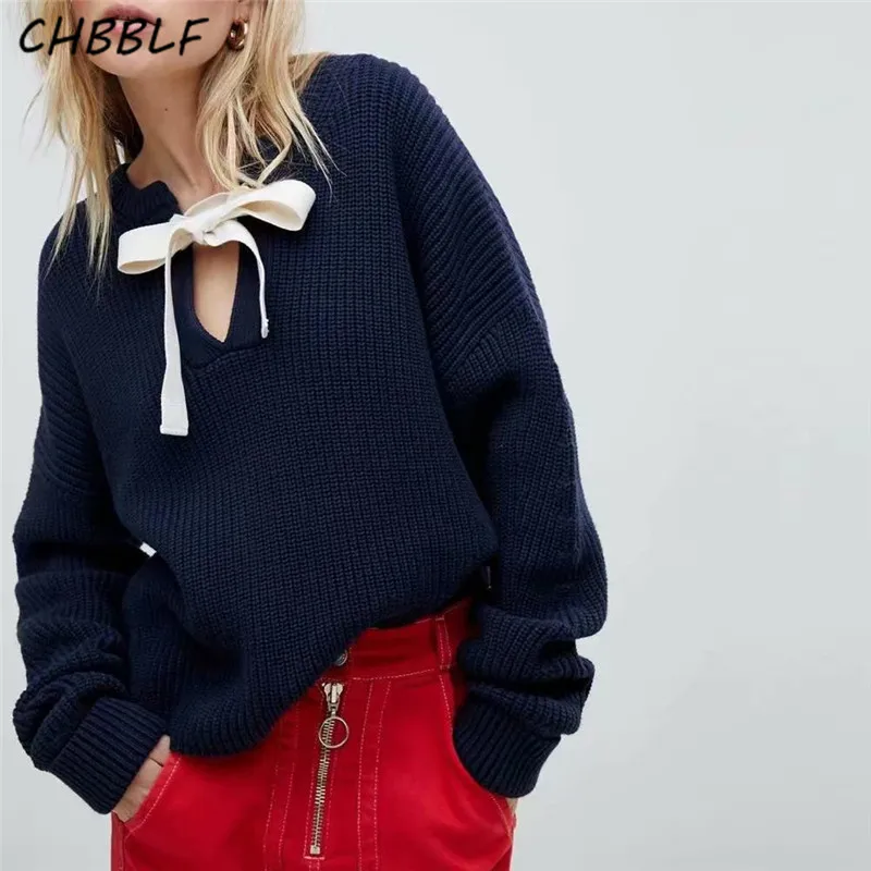 CHBBLF women sweet bow tie collar knitted sweater long sleeve stretchy cute pullovers female casual chic tops C8646 | Женская одежда