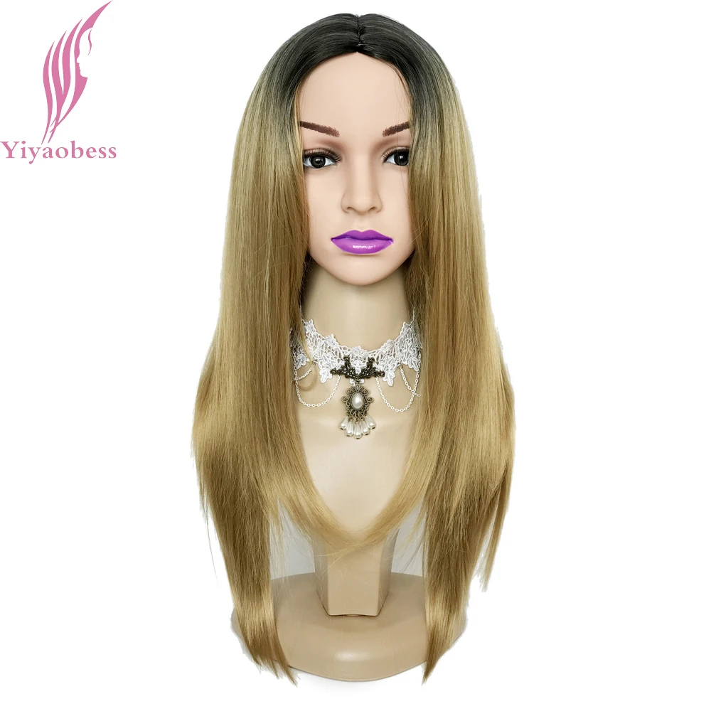Yiyaobess 24 дюймов синтетический длинный прямой коричневый розовый каштановый блондин Зеленый Серебряный серый Омбре парик косплей костюм парики для женщин