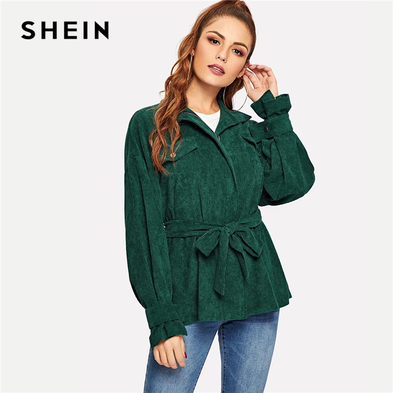 SHEIN Green Belted Waist and Cuff Zipper Placket Long Sleeve Corduroy