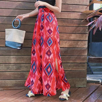 

2019 Summer women holiday beach pants bohe printed women wide leg pants female split trousers seaside pants