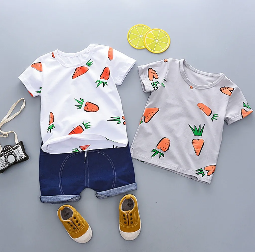 Футболка с принтом моркови для маленьких мальчиков, футболка, однотонный Короткий Повседневный комплект одежды, комплект одежды для маленьких мальчиков, летние комплекты одежды