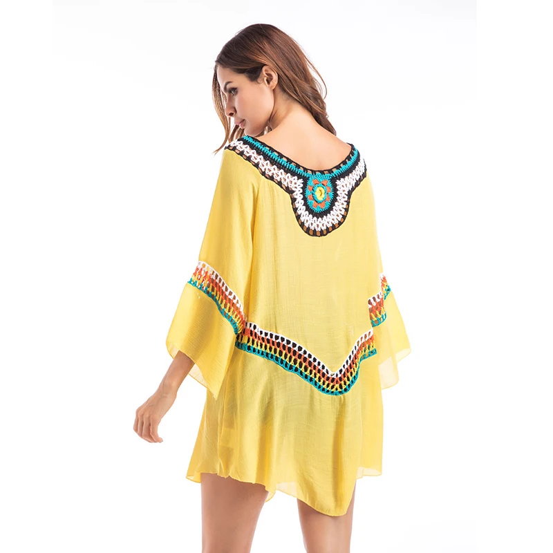 Повседневное Boho футболка Для женщин лето хлопок вышивка белый цвет желтый синий