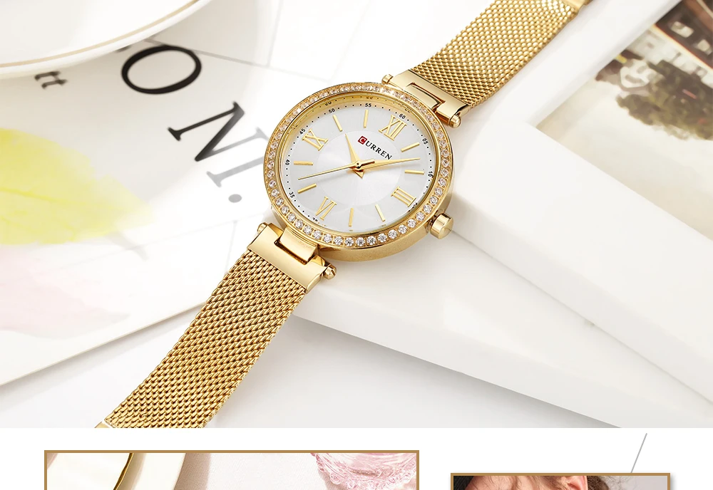 Модный бренд CURREN, Кристальный дизайн, Кварцевые женские наручные часы, нержавеющая сталь, сетчатый ремешок, повседневные женские часы, женские часы, подарок