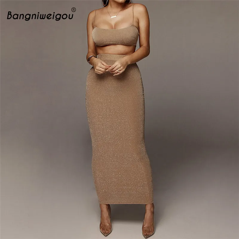 

Bangniweigou Sexy Glitter Bra Top Pencil Skirt Two Piece Set Women Party Sparkly Clothing Sets Summer Autumn Dress Outfits 2pcs