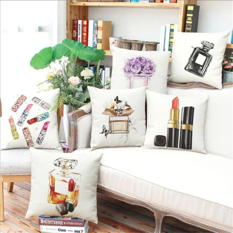 

Pillow Case European Vintage 3D Printed Perfume Bottles Lipstick Cushion linen Cover Square Pillowslip Home Use YL877399