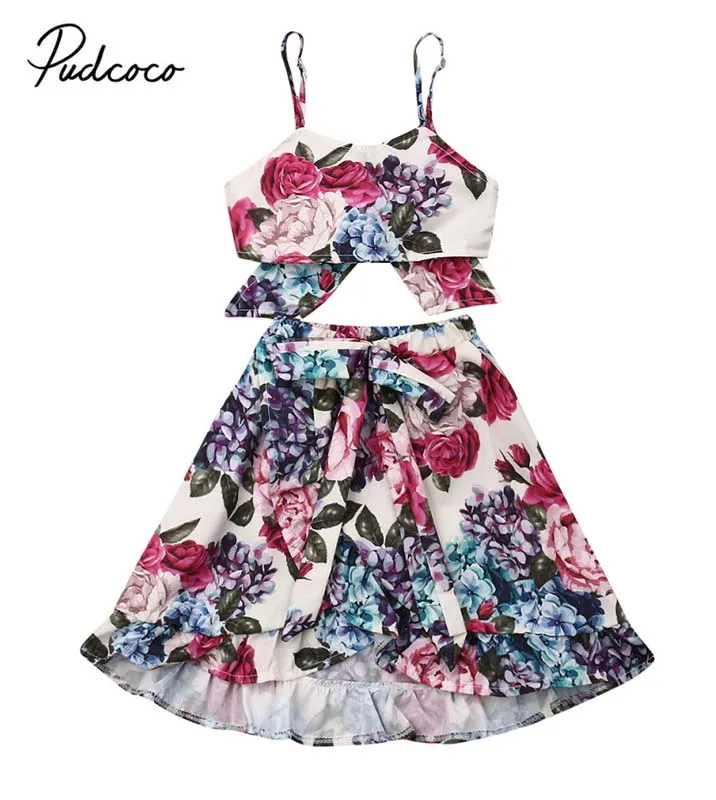 

2019 Brand Cute Toddler Kids Baby Girl Clothes Sleeveless Flower Sling Tops Bow Skirt Girls Dress 2Pcs Elastic Holiday Outfit