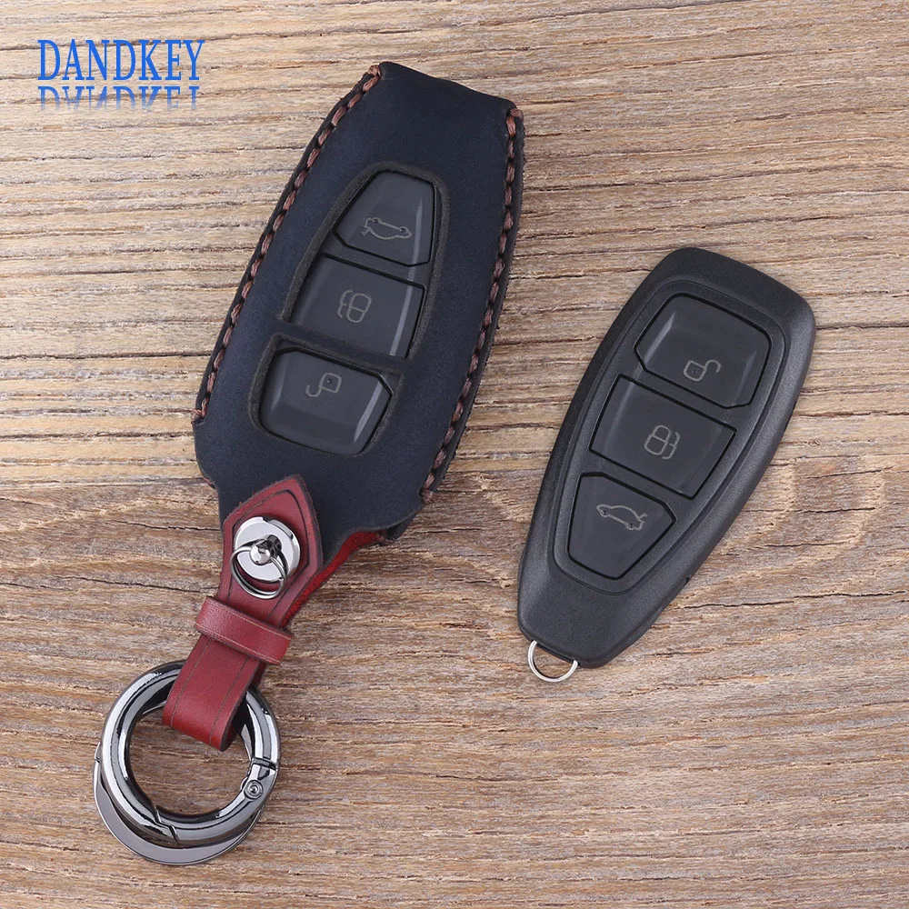 

Dandkey Keychain 3 Button Leather Car Key Case Fob Key Cover For Ford Focus C-Max Mondeo Kuga Fiesta Car Key Shell