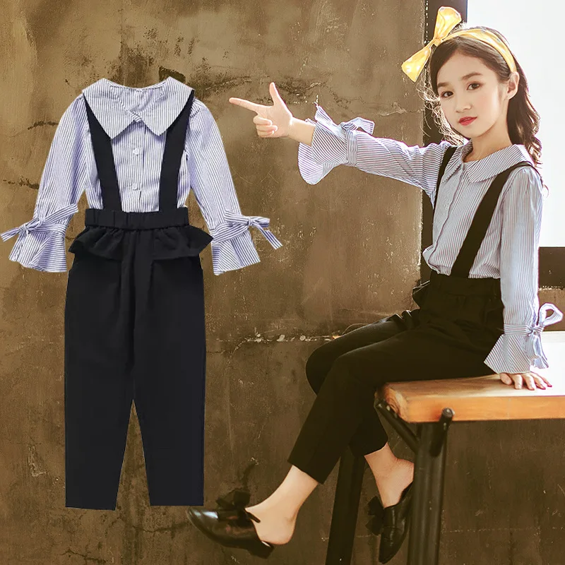 

Girls Suit Spring and Autumn Sweet Striped Shirt Bib In The Big Boy Two-piece Children 2018 New Children's Clothing