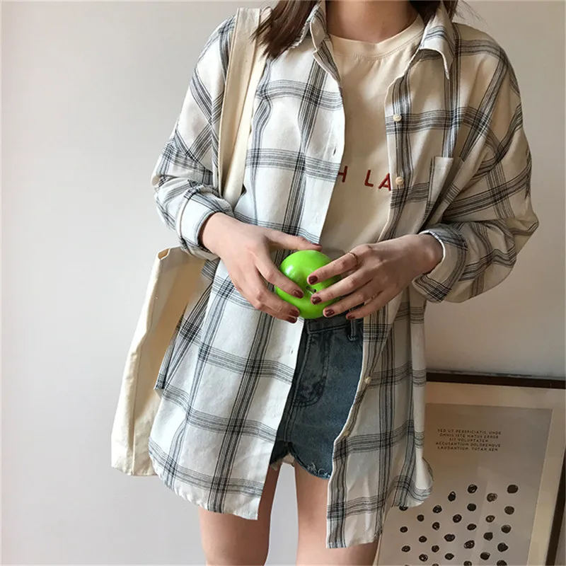 Pink women plaid blouse shirt 2019 SpringWomen Office Air Conditioner Blouse Shirt Female Loose Outerwear Casual Pocket Shirts (30)