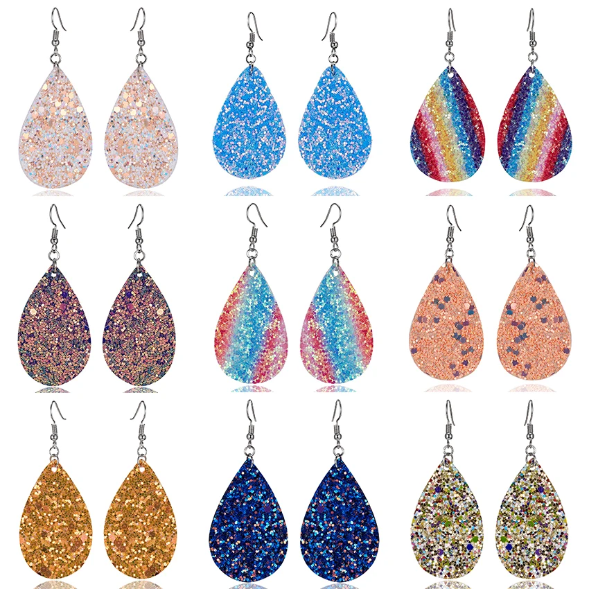 

Rinhoo Boho Multicolor Water Drop Leather Earrings Brincos Female Teardrop Sequins PU Leather Dangle Earrings Fashion Jewelry